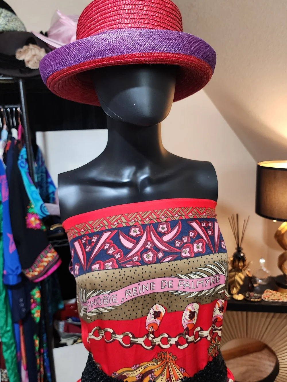 Vintage Red Straw Hat with Purple Rosette and Brim